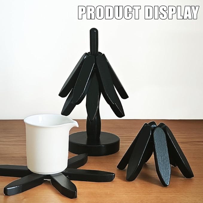 Natural Foldable Black Walnut Wooden Trivet Set - 4 Trivets + 1 Stand for Hot Dishes, Pot, Bowl, Teapot, Hot Pot Holders (White ﻿)