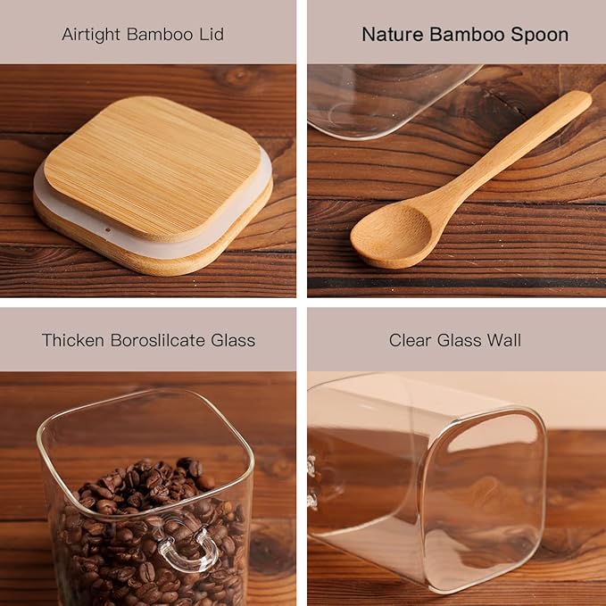 CZZGSM Set of 4 Square Glass Jar with Bamboo Lids and Spoons – Airtight 27 oz Borosilicate Glass Food Storage Contaienrs with 132 Kitchen Pantry Labels for Coffee, Tea, Sugar