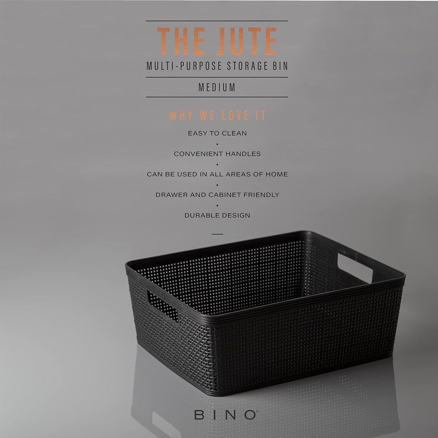 BINO | Woven Plastic Basket | Medium (Black), 4-Pack | THE JUTE COLLECTION | Home Organization, Space - Saving Storage, Stylish Design | Jute Basket | Plastic Storage Basket