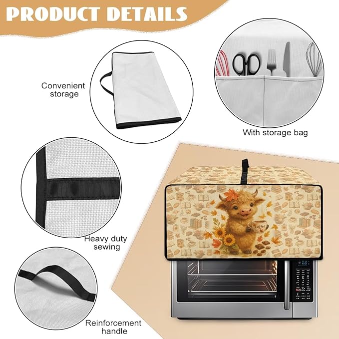 Toaster Oven Dust Cover Dustproof Convection Microwave Ovens Cover Stain-resistant Small Countertop Appliance Protector, S, Highland Cow Coffee Sunflower Fall Decor