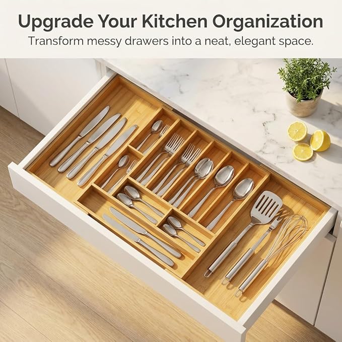 Expandable Kitchen Organizer – Adjustable 33” Wide Utensil Kitchen Drawer with 11 Compartments, Natural Solid Bamboo Construction for Flatware
