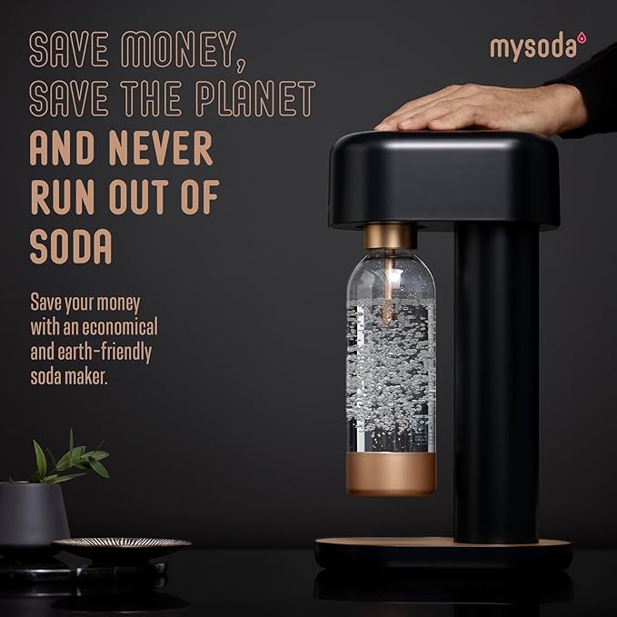 Mysoda Ruby 2 Sparkling Water Maker - Silent and Long-Lasting Aluminium Soda Maker with 1L Water Bottle - Without CO2 Cylinder - Black Copper