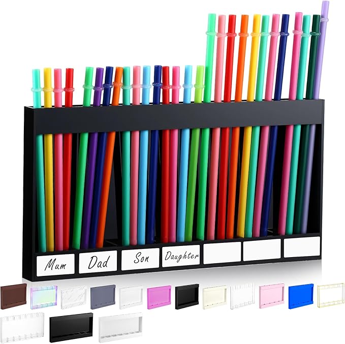 Qinyoung Acrylic Straw Holder for Cabinet Door with Double Sided Adhesive Tape Reusable Straw Organizer Tumbler Storage Kitchen Accessories Container for Counter Cupboard(Classic,Extra Large,Black)