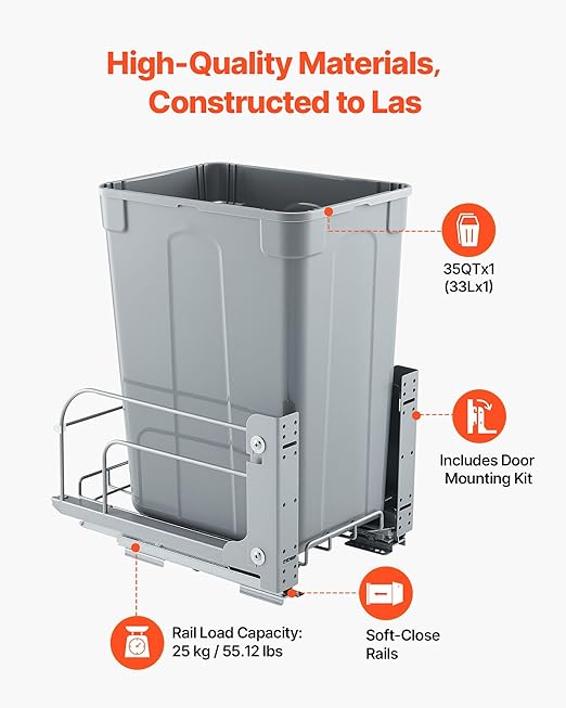 VEVOR Pullout Trash Can for Kitchen Cabinets, 35 QT Garbage Waste Recycling Bin, Under Mount Waste Container, with Heavy Duty Metal Soft Close Sliding System and Door Kit, for Sink, Under Counter
