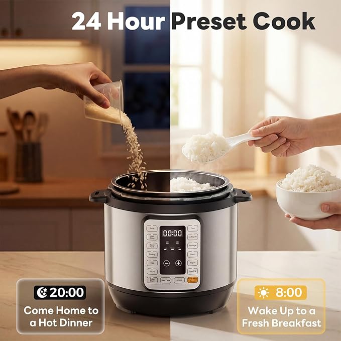 DUMOS Electric Pressure Cooker 16-in-1, 8QT Programmable Multi Cooker with 12 One-Touch Presets, Soup Steam Yogurt and More, Ceramic Inner Pot Delay Start & Keep Warm, Includes Recipe Guide, Silver