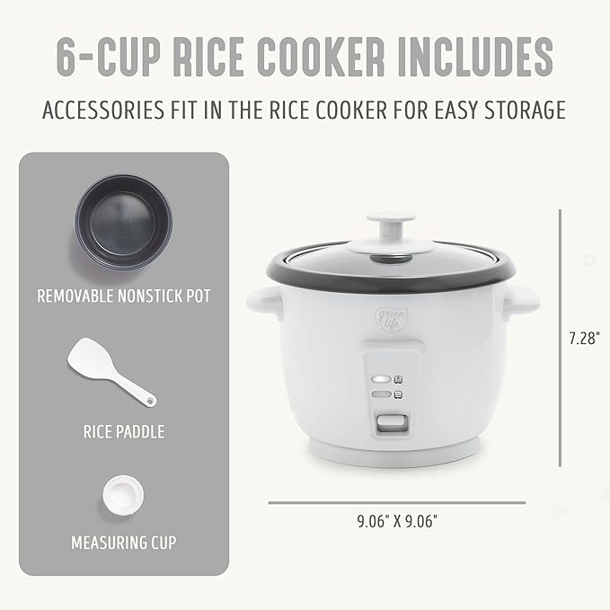 GreenLife Rice Cooker with Removable PFAS-Free Ceramic Nonstick Pot, 3-Cups Uncooked/6-Cups Cooked, Grains & Oatmeal Multicooker, Compact One-Switch Design, Auto Keep Warm, Easy Clean, White