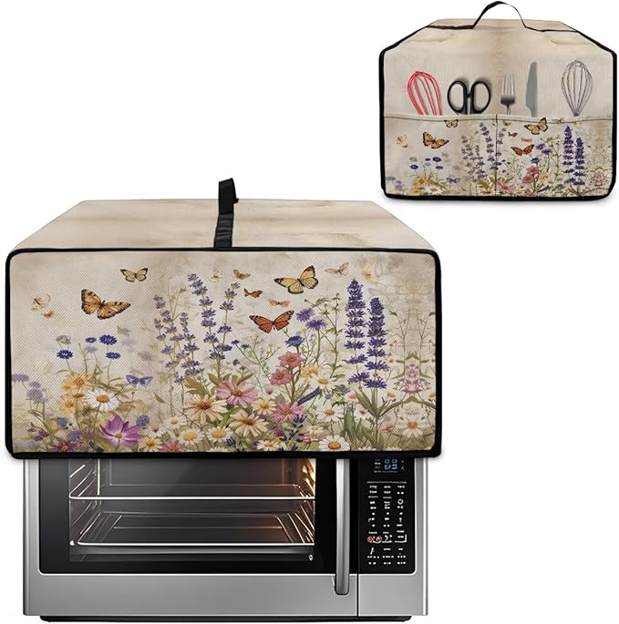 Toaster Oven Cover Washable Small Kitchen Appliance Dust Cover with Pockets, for Air Fryer Toaster Ovens, Microwaves, L, 18.5 x 22.5 x 13 Inches, Retro Floral Butterfly Print