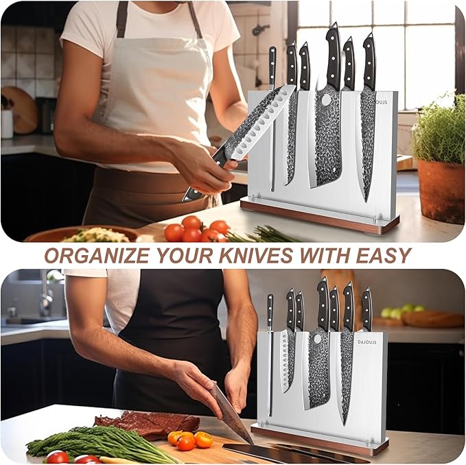 Magnetic Knife Holder, Stainless Steel Magnetic Knife Block without Knives, Strong Double Sided Magnet Knife Storage Strip with Wood Base for Kitchen Counter-Silver
