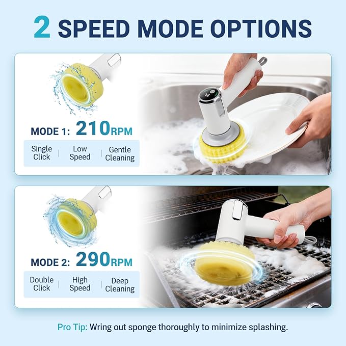 Electric Spin Scrubber Compatible with Scrub Daddy/Mommy, Coinicxcel 2-Speed Option IP7X Waterproof Smile Sponge Dish Wand Holder with 4 Replaceable Heads, Lightweight for Oven/Stove/Sink