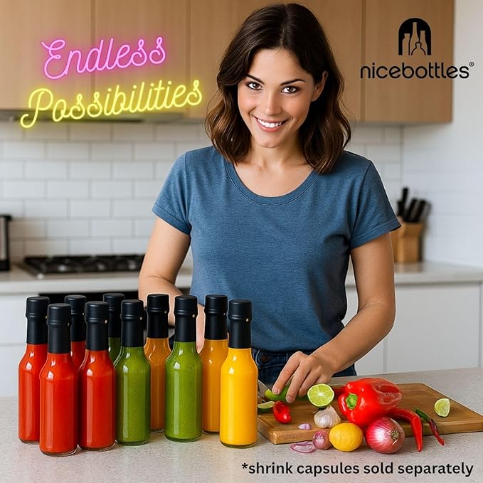 nicebottles Hot Sauce Bottles with Red Caps & Shrink Bands, 5 Oz - 48 Pack