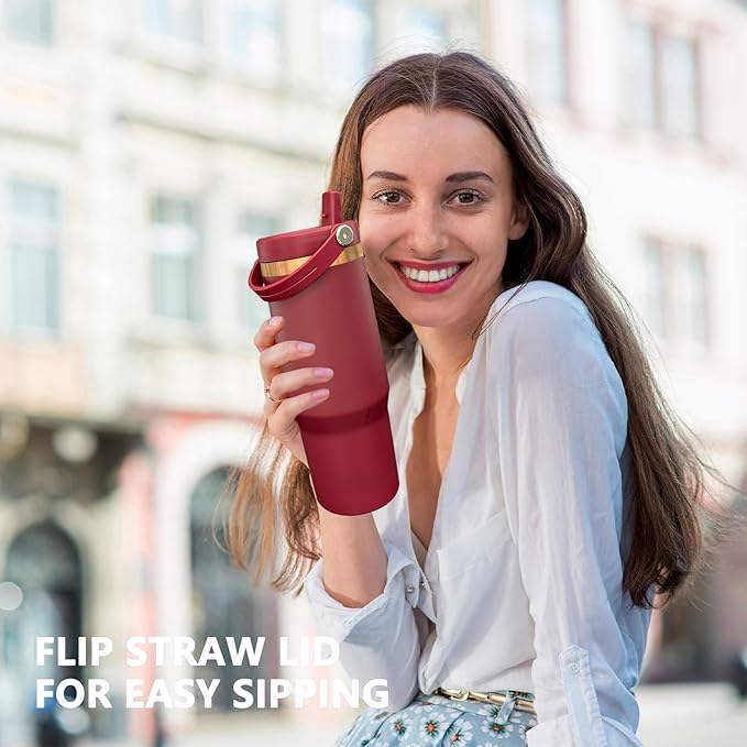 30 oz Tumbler Bulk with Handle and Straw, Vacuum Insulated Tumblers with Flip Straw and Top Handle, Leakproof Powder Coated Tumbler, Stainless Steel Travel Mug for Coffee Water (Red, 4 Pack)