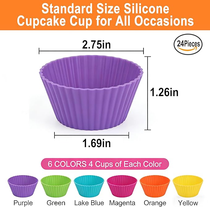 Reusable Non-Stick Silicone Baking Cups, Food Grade BPA Free Cupcake Muffin Liners, Oven & Dishwasher Safe Easy Release, Multicolor Rainbow, 24 Pack, for Muffins Cupcakes