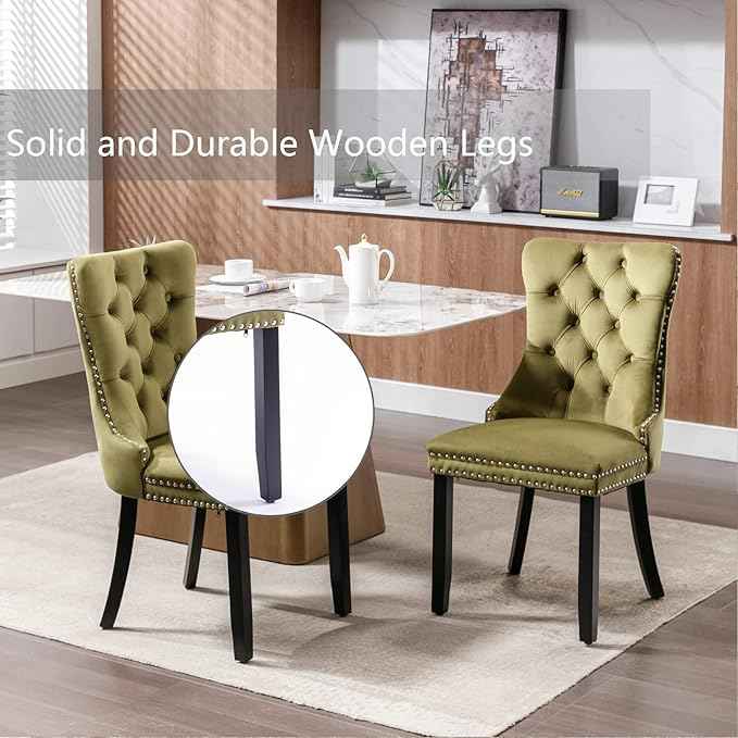 Velvet Dining Chairs Set of 6, Upholstered Dining Room Chairs with Back Ring Pull Trim and Solid Wood Legs,Tufted Wingback Kitchen Chairs for Dining Room,Living Room,Kitchen(Olive Green)