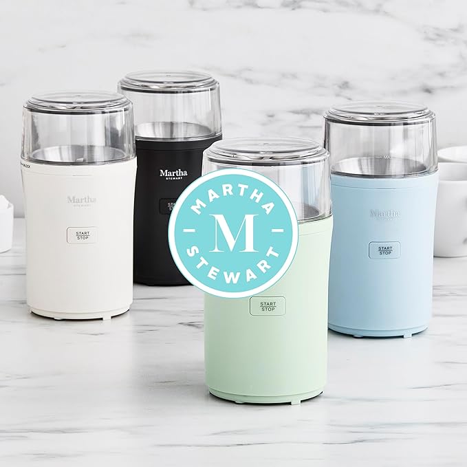 Martha Stewart Electric Coffee & Spice Grinder, Dual 2.5oz Removable Bowls, Storage Lids, Stainless Steel Blades, One Touch Pulse Control, 2-in-1 Compact, Beans & Spices, Herbs & Nuts, Sky Blue