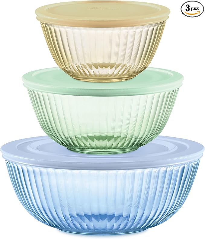Pyrex Colors Tinted (3-Pack, Full Set) Sculpted Tinted Glass Mixing Bowls With Plastic Lids, Nesting Space Saving Set of Bowls For Prepping and Baking, 1.3QT, 2.3QT & 4.5QT