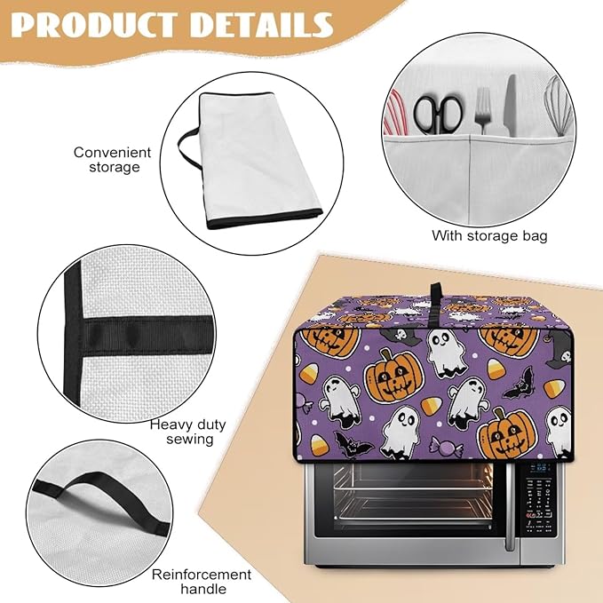 Air Fryer Toaster Oven Cover with Side Pockets, Protective Electrical Appliance Cover Kitchen Countertop Accessories, S, Ghost Pumpkin Bat Candy Violet Halloween Decor