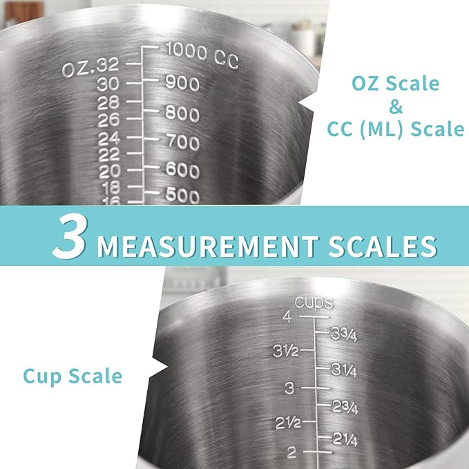 Newness Measuring Cup, [Upgraded, 3 Measurement Scales, Including Cup Scale, ML Scale, Ounce Scale], Stainless Steel Measuring Cup with Marking with Handle, 32 Ounces (1.0 Liter, 4 Cup) (Pack of 2)