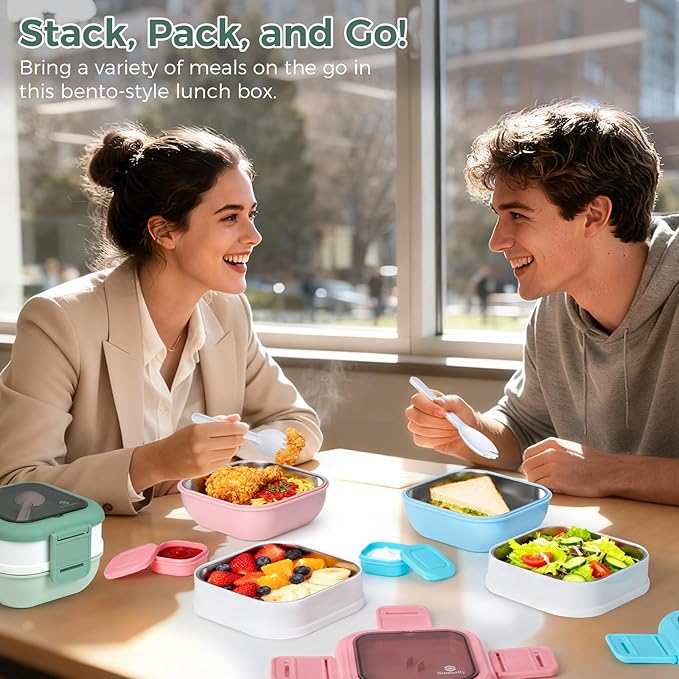 Sinnsally Bento Box Adult Lunch Box with Stainless Steel Container,Metal Lunchable Food Storage Container with Sauce Jar (Khaki Green)