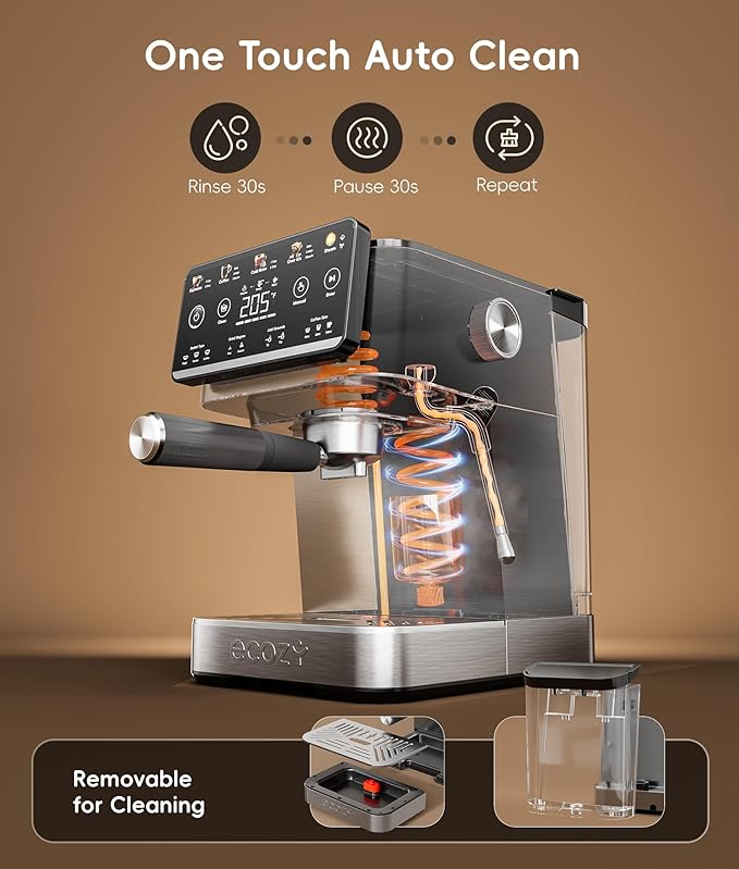 ecozy 4-in-1 Espresso Machine and Coffee Maker Combo with Milk Frother, All in One with Cold Brew & Over Ice, Interactive Touch Screen, Brezzano Elite Series for Cappuccinos, Lattes, Americanos