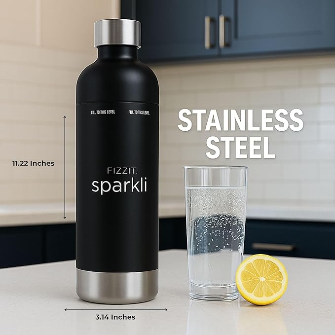 Stainless Steel Black Sparkling Water and Soda Maker Machine with 3 Black Stainless Steel 1L Re-Usable Bottle
