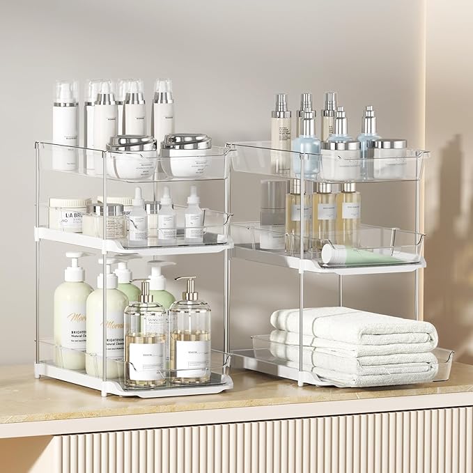 Delamu 2 Sets of 3-Tier Bathroom Under Sink Organizers and Storage, Multi-Purpose Stackable Pantry Organization and Storage, Pull Out Clear Kitchen Bathroom Cabinet Organizer with Movable Dividers | Storage, Multi-Purpose, Stackable, Pantry Organizatio...