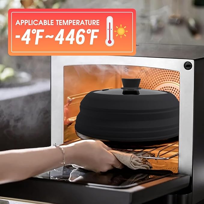 Microwave Splatter Cover Microwave Cover for Food 11.8 Inch Collapsible Glass Microwave Cover with Handle Silicone microwave splatter cover for Home Kitchen (Black)