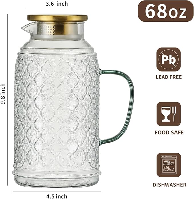Buaic Glass Pitcher with Lid, 2 PACK 68 oz/2 Liter Vintage Water Pitcher, Clear Borosilicate Glass Water Carafe for Cold Brew, Coffee, Lemonade, Iced Sun Tea,Beverage, Milk, Heat Resistant