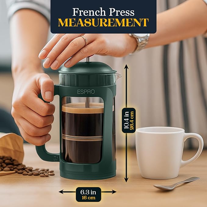 ESPRO Light P3 French Press Coffee Maker – Patented Double Micro-Filter for Grit-Free Brew, Heat Resistant thicker Borosilicate Glass Coffee press – (Green - 32 oz)