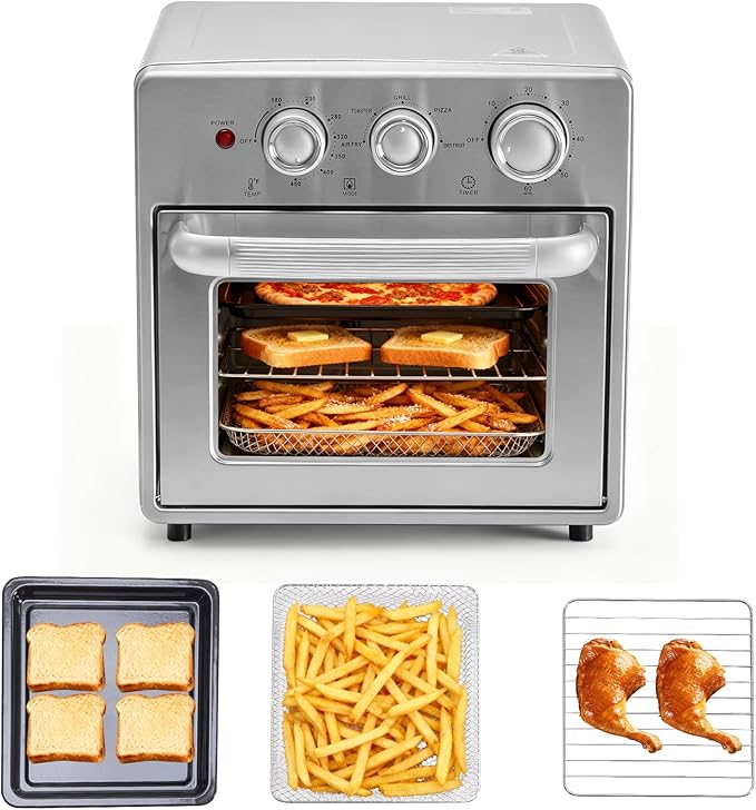 OLIXIS Air Fryer Toaster Oven Combo, 16.9QT Oven Countertop 5 Functions in 1, 4 Accessories Included, Stainless, Up to 450°F