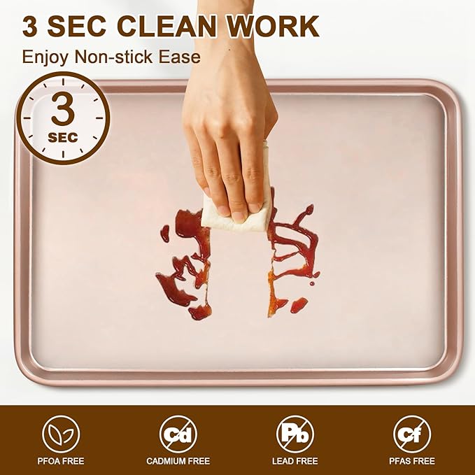 Wildone 2 Pack Half Sheet Baking Pans, Nonstick Baking Sheet for Oven, Thicker Carbon Steel Cookie Sheet 17.5x12 Inch, Heavy Duty & Easy Clean, Rose Gold