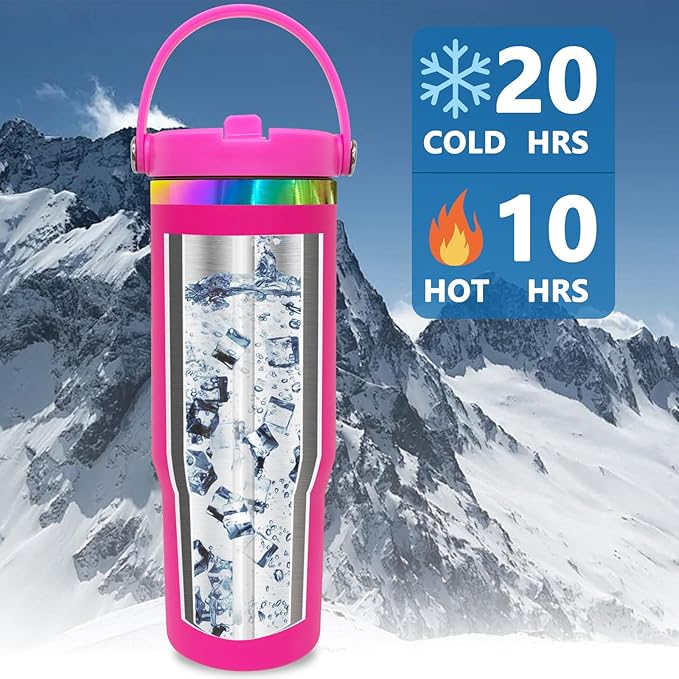 30 oz Tumbler with Handle and Straw, Vacuum Insulated Tumblers with Flip Straw and Top Handle, Leakproof Powder Coated Tumbler, Stainless Steel Travel Mug for Coffee Water (Rosy)