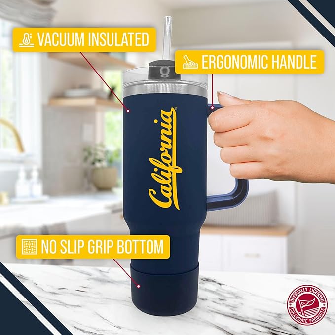 Campus Colors College & University 40 oz Travel Tumbler With Handle - Dual Option Lid With Straw - Vacuum Insulated Stainless Steel (Cal Golden Bears - Navy)