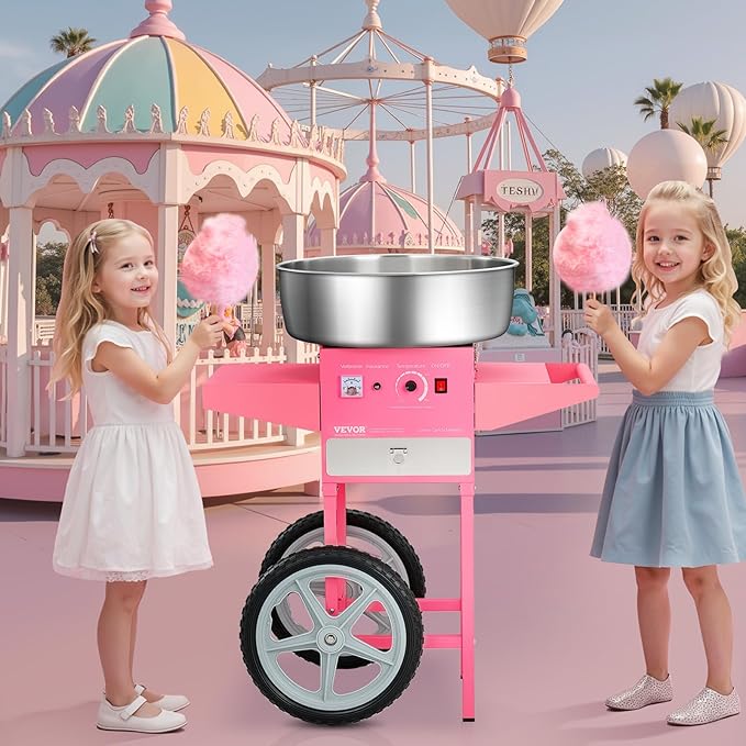 VEVOR Electric Cotton Candy Machine with Cart, 1000W Commercial Candy Floss Maker with 20.5 in Stainless Steel Bowl, Sugar Scoop, and Drawer, Easy to Use, for Home, Kids Birthday, Family Party, Pink