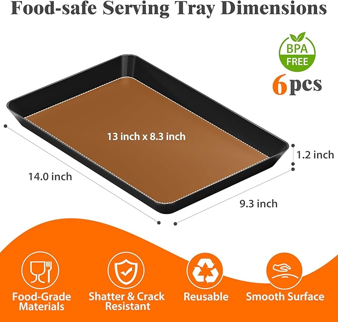 SpaceTrove 6-Pack Serving Tray Set, Reusable Plastic Serving Platter for Party Supplies, Entertaining, Grilling Accessories, Stackable Kitchen Snack Box Container for Dessert, Fruit, Cookie, (Black)