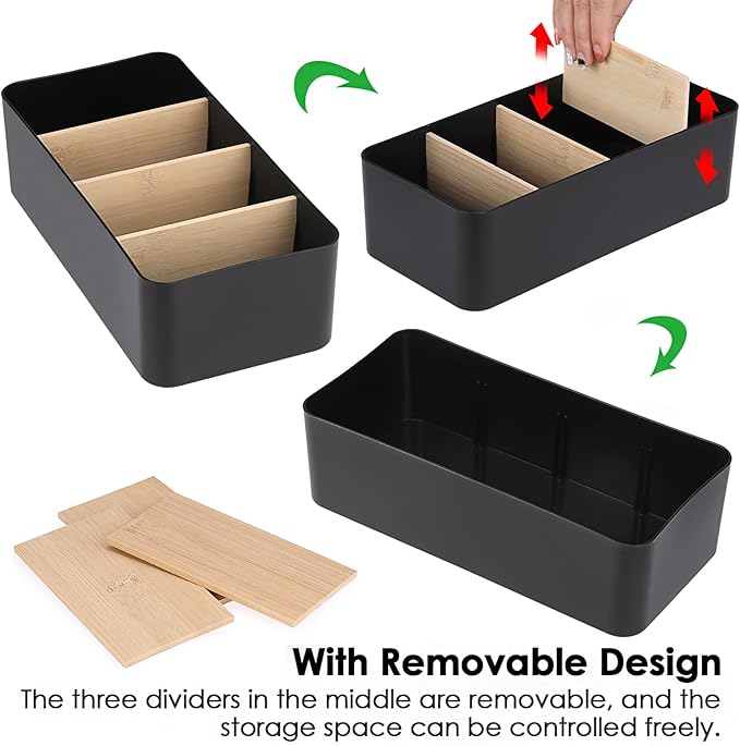 BSTKEY Seasoning Packet Organizer, Food Storage Organizer with Divided 4 Bamboo Wood Compartments, Black Plastic Storage Caddy for Pantry Cabinet, Kitchen Organization Bin for Snacks Spice Packets