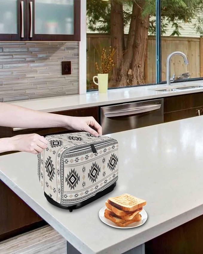 Gray Beige Boho Toaster Cover 2 Slice, Ethnic Tribe Vintage Dustproof Bakeware Oven Protector with Top Hook, Southwestern Waterproof Small Kitchen Appliance Toasters Dust Cover, 12"x7.5"x8"