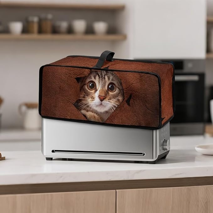 Cat Toaster Cover 2 Slice Brown Fabric Toaster Cover 2 Slice Long Slot, Easy to Fold and Store, Heat-Resistant Protective Dust Covers for Kitchen Appliances