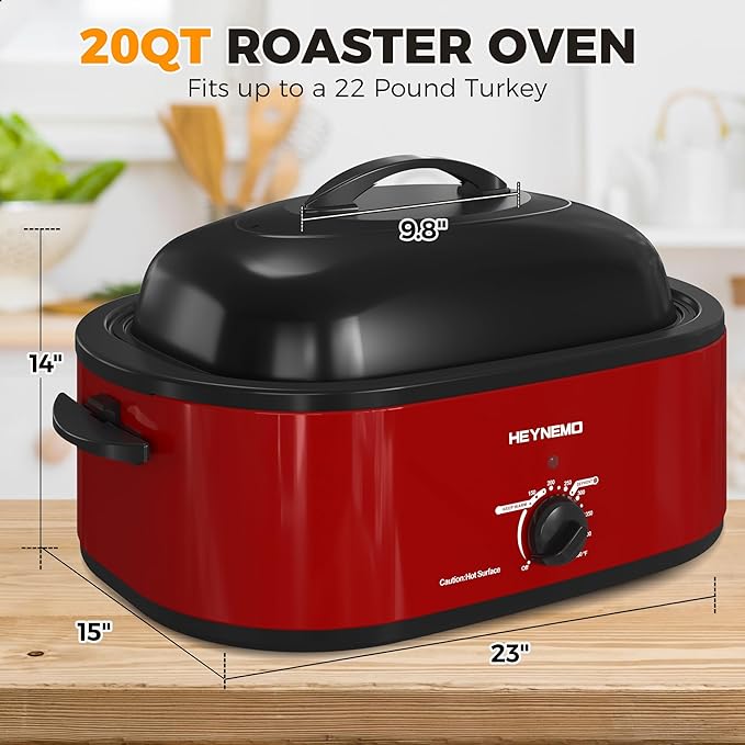 20 Quart Electric Roaster Oven with Self-basting Lid, Turkey Roaster Oven with Removable Pan and Rack, RED