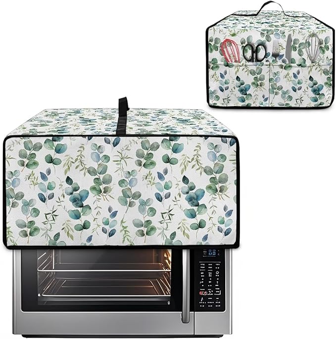 Countertop Convection Oven Cover Decorative and Protective Air Fryer Toaster Oven Dust Cover for Home Kitchen Indoor Decor, L, Eucalyptus Leaf Green White