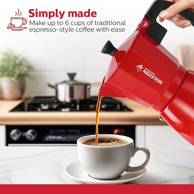 Holstein Housewares - 6 Cup Aluminum Stovetop Espresso Maker and Moka Pot - Great Tasting Traditional Espresso Coffee, Italian and Cuban Café Brewing in Minutes, Red