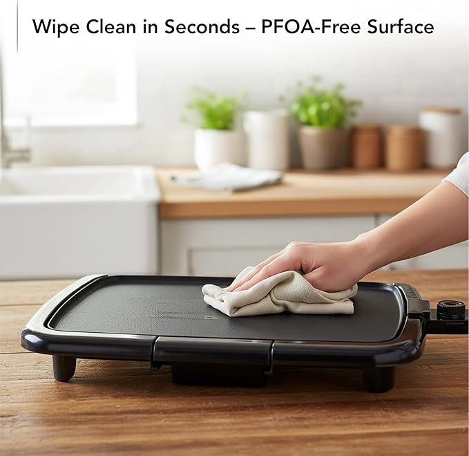 OVENTE Electric Griddle with 16 x 10 Inch Flat Non-Stick Cooking Surface, Removable and Adjustable Temperature Control, Indoor Grill for Instant Breakfast, Pancakes, Eggs or Burgers, Black GD1610B