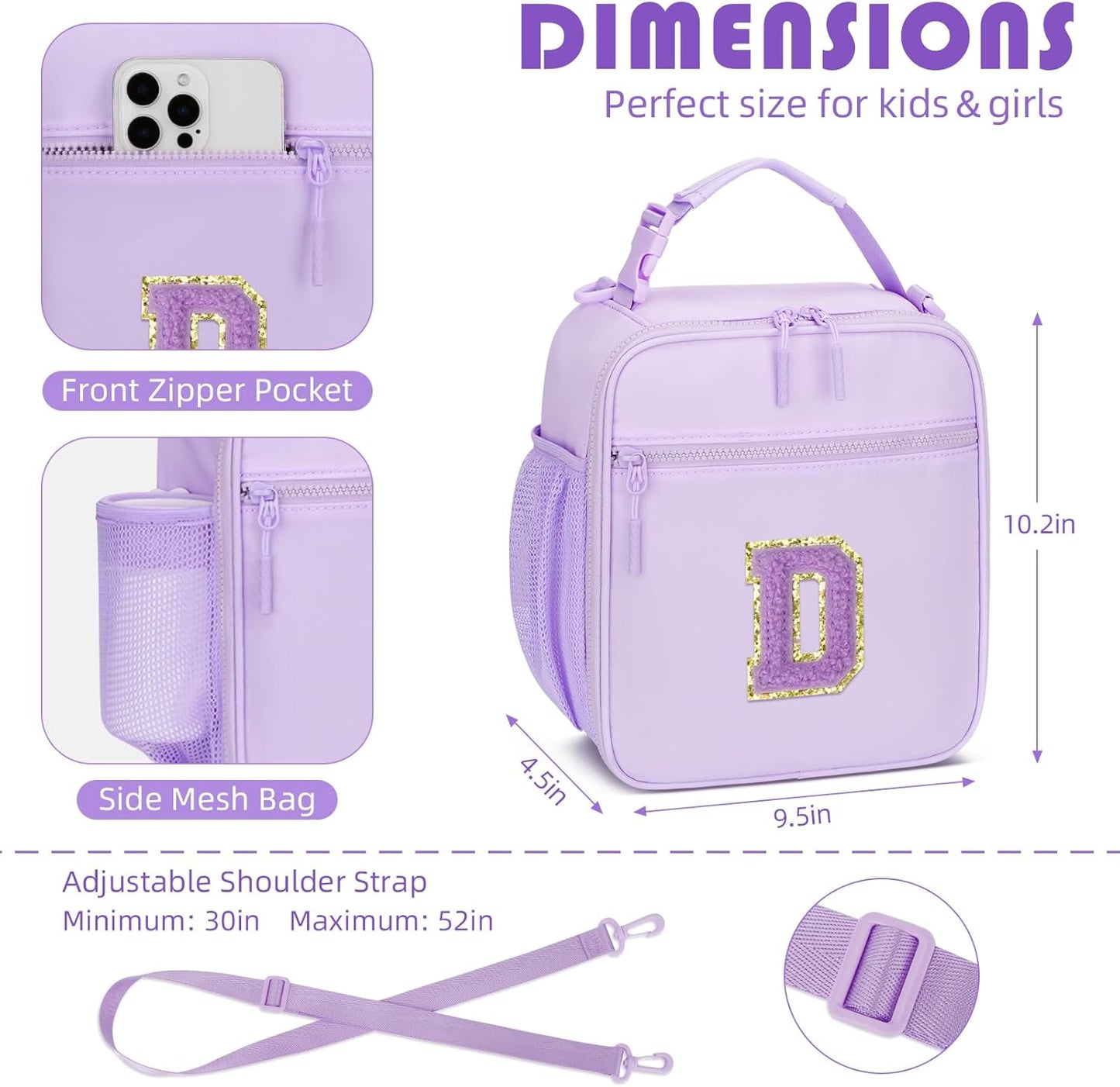 Initial Insulated Lunch Bag for Girls Kids, Back to School Gift, Reusable Leak-proof Lunch Box with Adjustable Strap for School Daycare Travel Picnic (Purple,D)