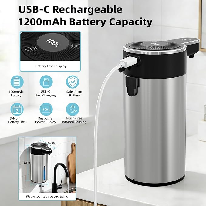 Automatic Foaming Soap Dispenser Touchless, Clog-Free Pump, 0.2s Fast Sensor, USB-C Rechargeable &13.5 oz/400ml Rechargeable, 4 Adjustable Liquid Levels, IPX5 Waterproof,Level Display