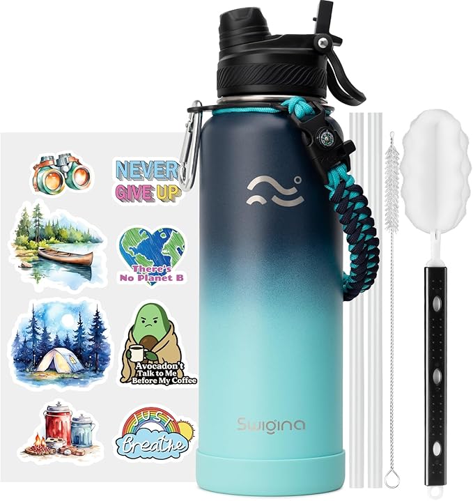Swigina [2-IN-1 LID] Insulated Water Bottle with Silicone Boot (36hrs Cold/18hrs Hot) - DIY Stickers, Leakproof, BPA Free, 40 oz