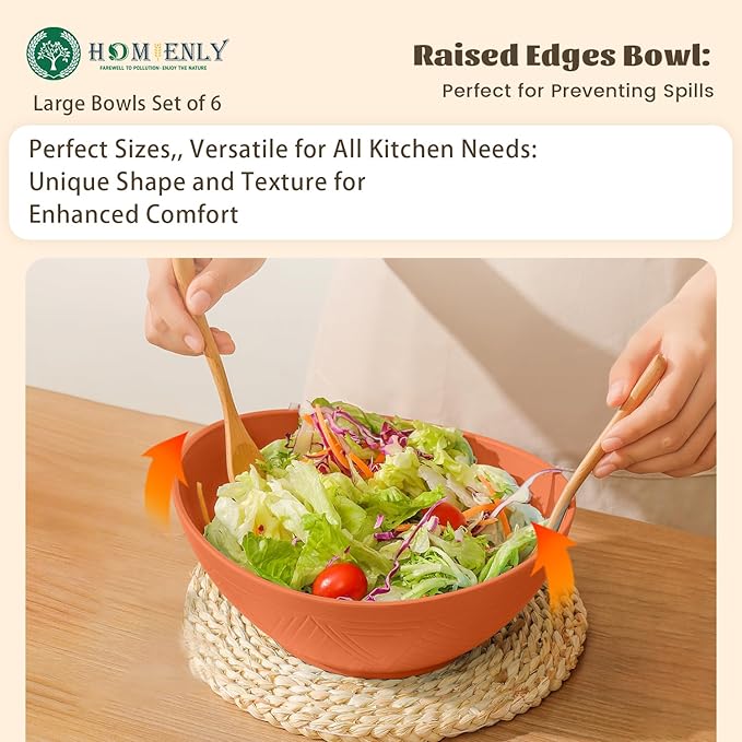 Homienly 60oz Wheat Straw Bowls Set of 6 Salad Bowls Large Popcorn Bowl Unbreakable Serving Bowls Microwave & Dishwasher Safe Bowl Set Centerpiece Bowls for Kitchen, Party, Decor, Camping (Multi)