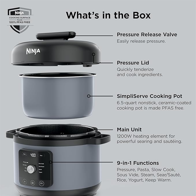 Ninja HyperHeat 9-in-1 6.5-qt Pressure Cooker | Steams, Slow Cooks, Sears, Sautés, Sous Vide, Yogurt & More | With SimpliServe Pot | Powerful 1200-Watt | Stone Purple | PC201SP