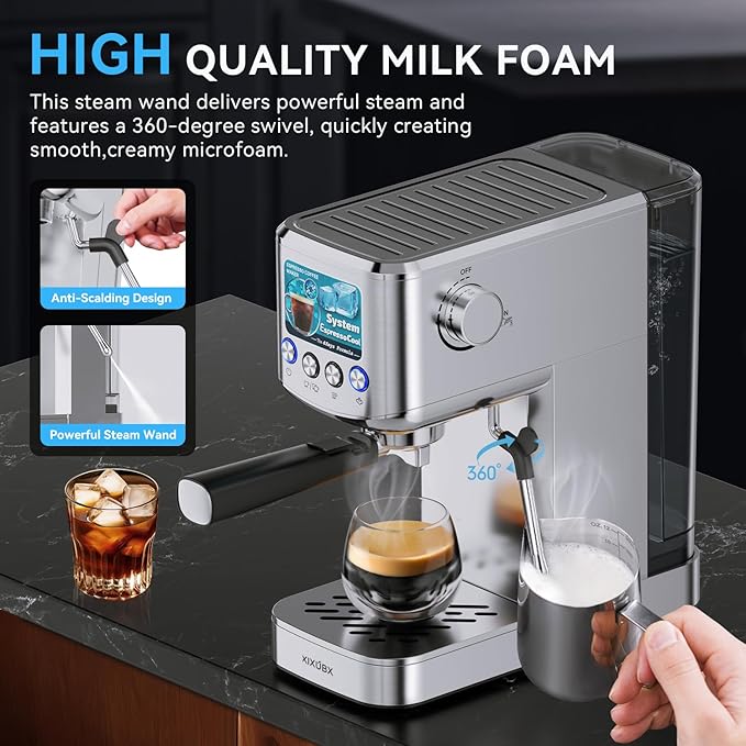 XIXUBX Espresso Machine 20 Bar with Milk Frother, Stainless Steel Coffee Maker with 42 oz Removable Water Tank for Cappuccino, Latte&Cold Brew, Home&Office, Silver