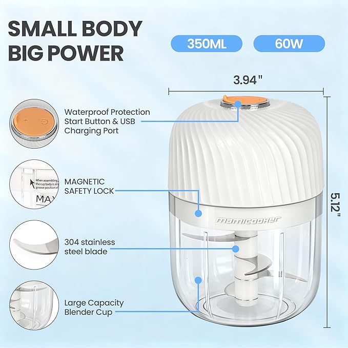 Electric Garlic Chopper, Portable Veggie Chopper, 350ML Garlic Grinder Masher Onion Grinder, Blender to Vegetable, Cordless Food Processor for Ginger, Chili, Fruit, Meat, Spices, Beans-New