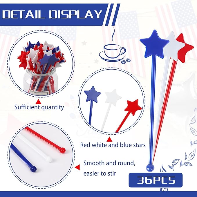 Jansun 36 Pcs 4th of July Patriotic Cocktail Stirrers, Red White and Blue Drink Stirrers Plastic Swizzle Sticks Reusable Coffee Stirrers Stir Sticks for Fourth of July Independence Day Party Supplies