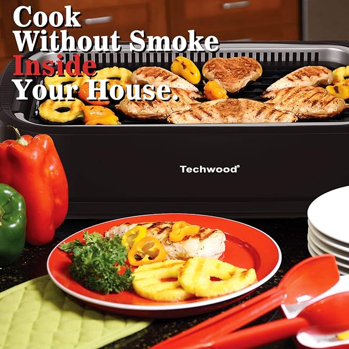 Indoor Grill, Techwood 1500W Smokeless Electric Grill with Tempered Glass Lid, Compact & Portable Non-Stick BBQ Grill with 6-Level Control, Dishwasher Safe, Black